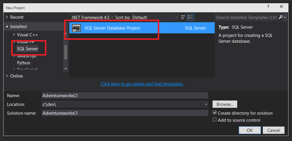 Create a new SQL Server database project