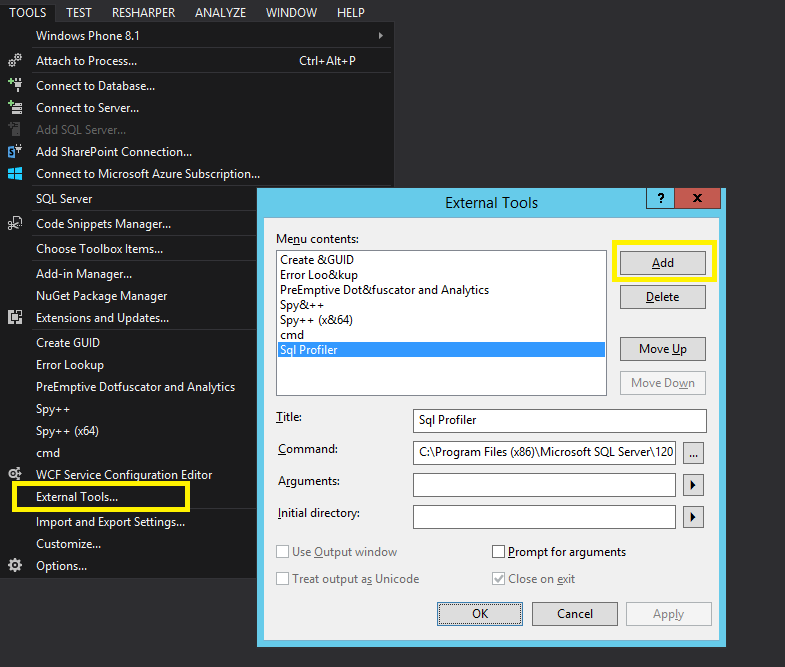 add sql profiler to the tools menu in visual studio