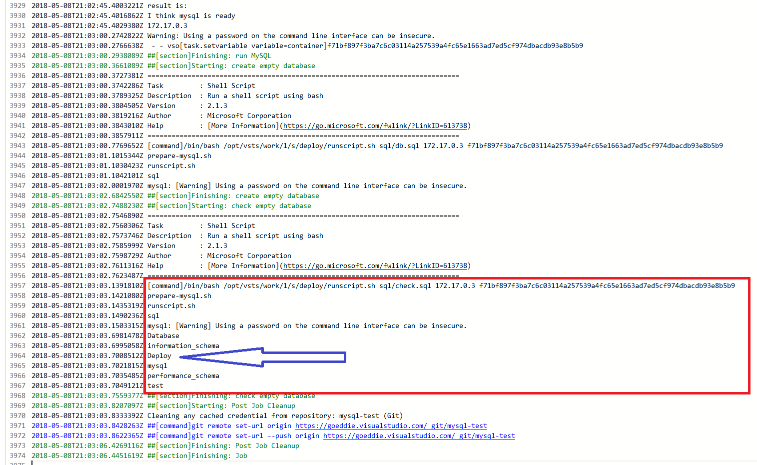 MySQL running in a container on a vsts agent