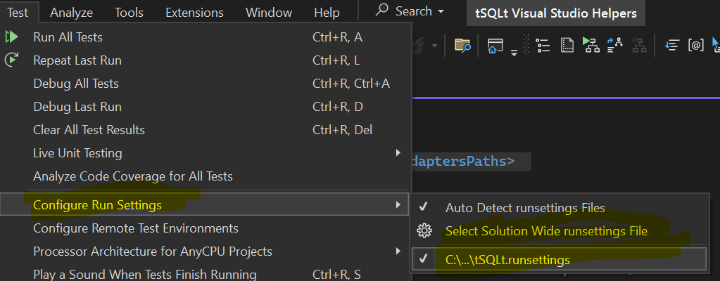 Tell Visual Studio to use our runsettings file